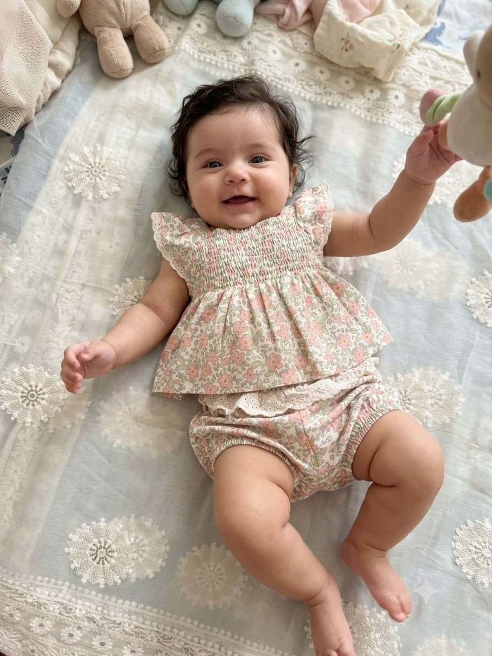 Nicole Miller Pink and Cream Floral Smocked Diaper Cover Set